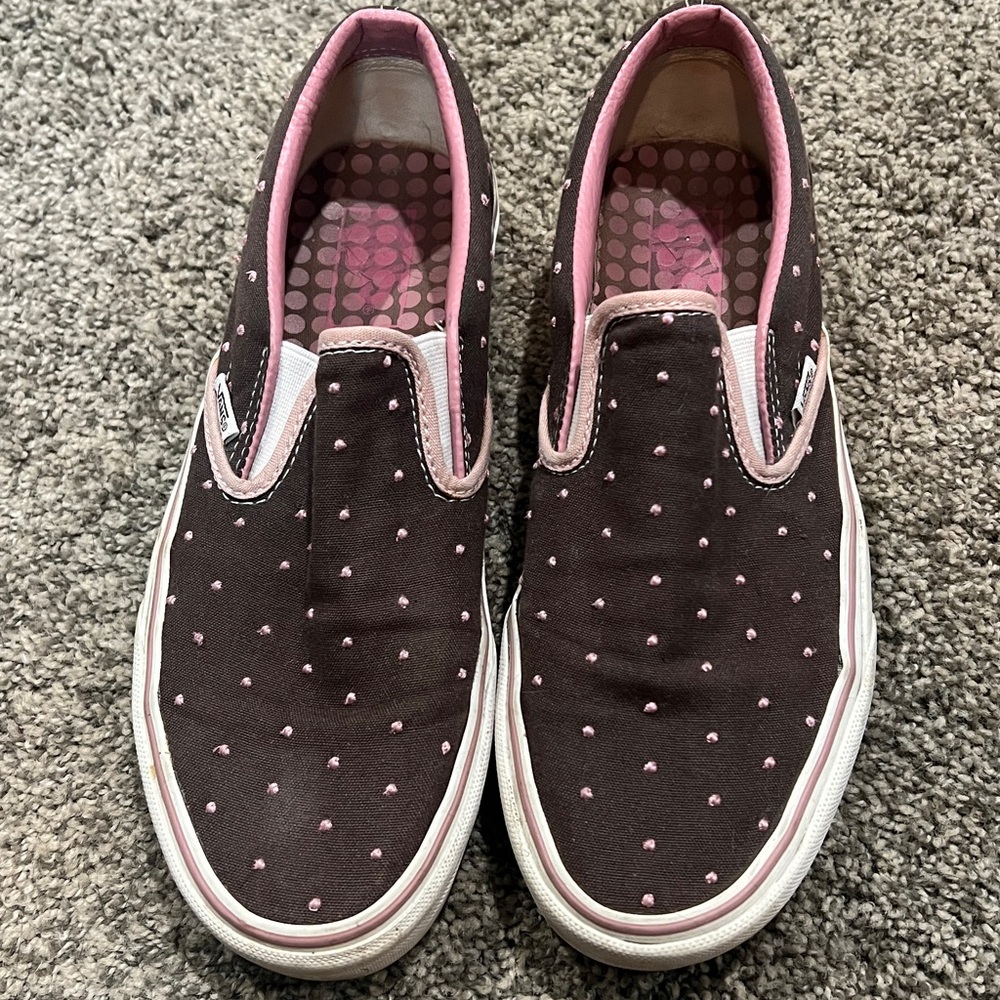 VANS Brown and Pink Polka Dot Slip-On